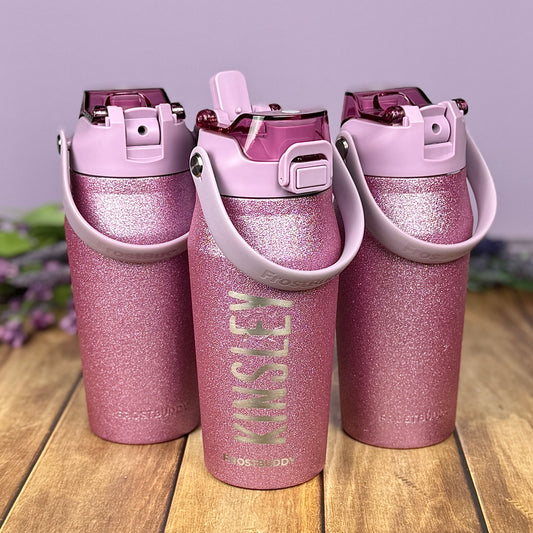 Personalized Glitter Water Bottle 16 oz | Custom Name Frost Buddy Cup | Pink Insulated Tumbler | Flower Girl Gift | Girls Sports Bottle