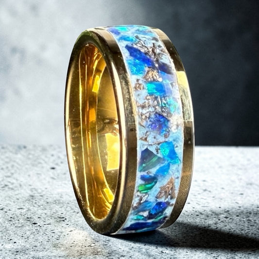 Gold Plated Tungsten Ring with White and Blue Opal Inlay