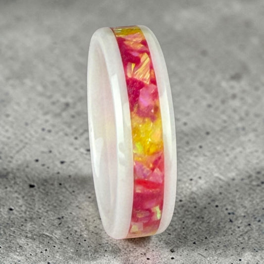 White Ceramic Ring with Pink and Yellow Opal Inlay
