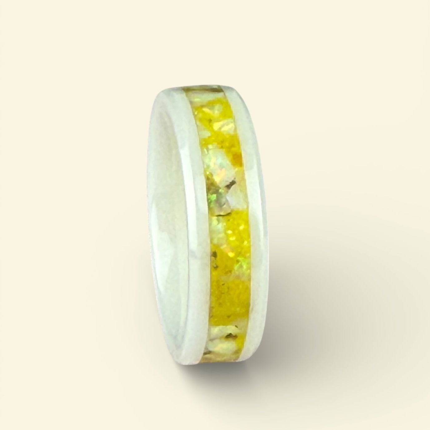 White Ceramic Ring with Yellow Opal Inlay