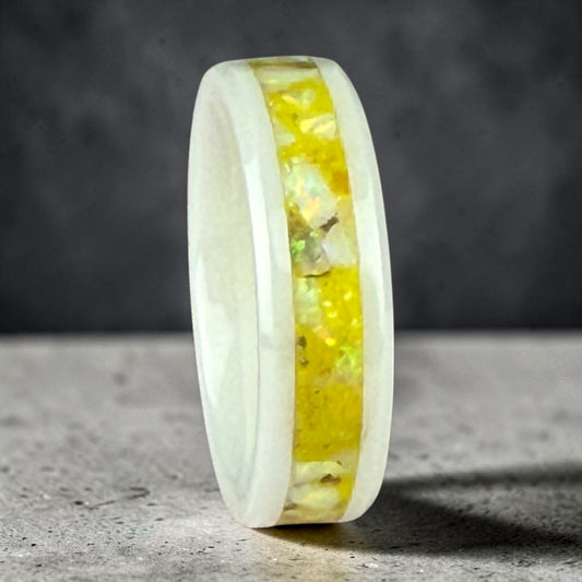 White Ceramic Ring with Yellow Opal Inlay