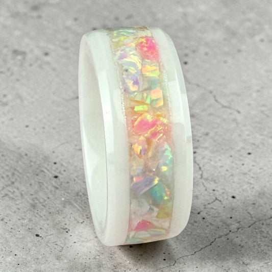 White Ceramic Ring with Soft, Multi-Color Opal Inlay