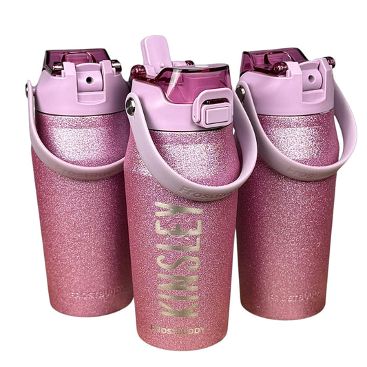 Personalized Glitter Water Bottle 16 oz | Custom Name Frost Buddy Cup | Pink Insulated Tumbler | Flower Girl Gift | Girls Sports Bottle