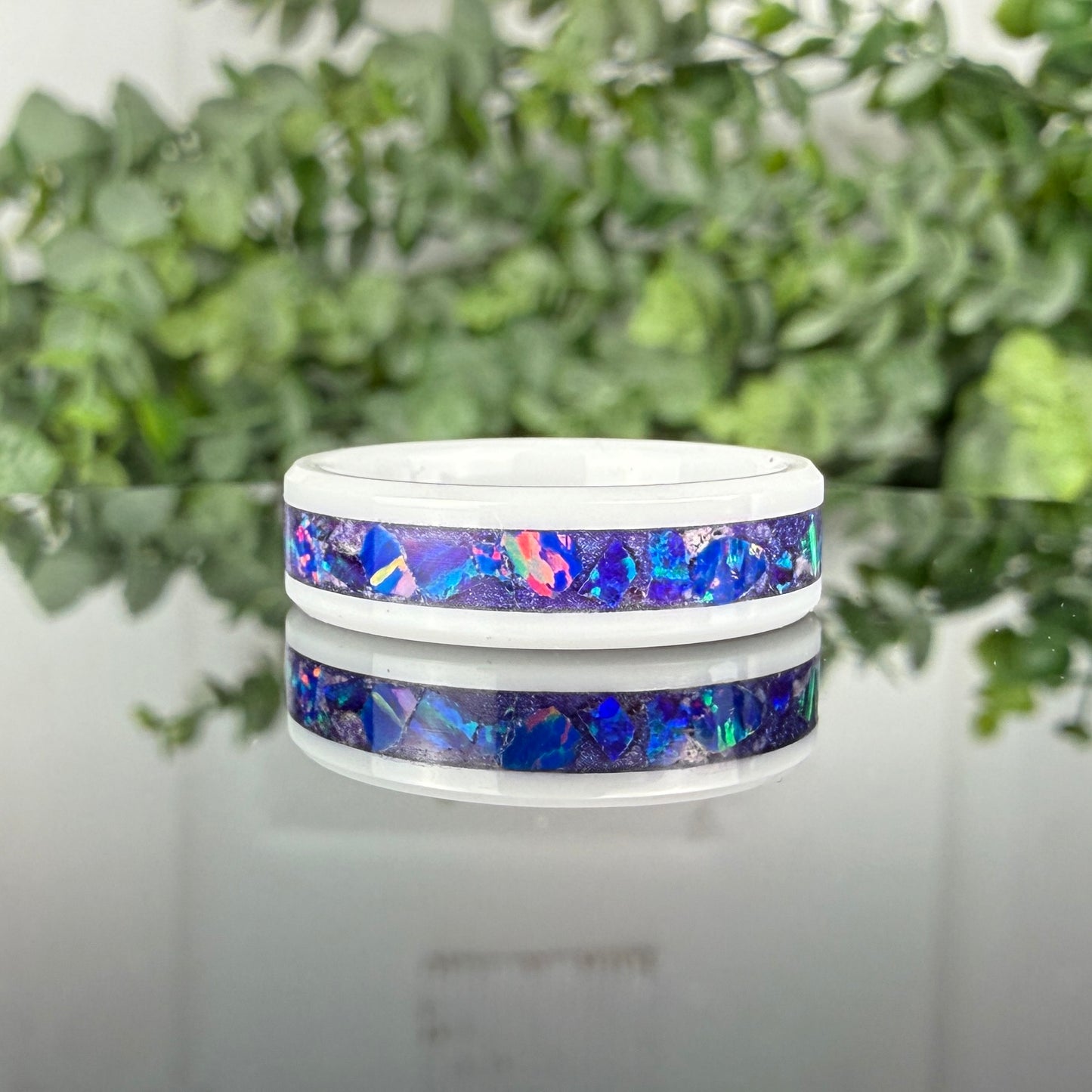 White Ceramic Ring with Purple Opal Inlay