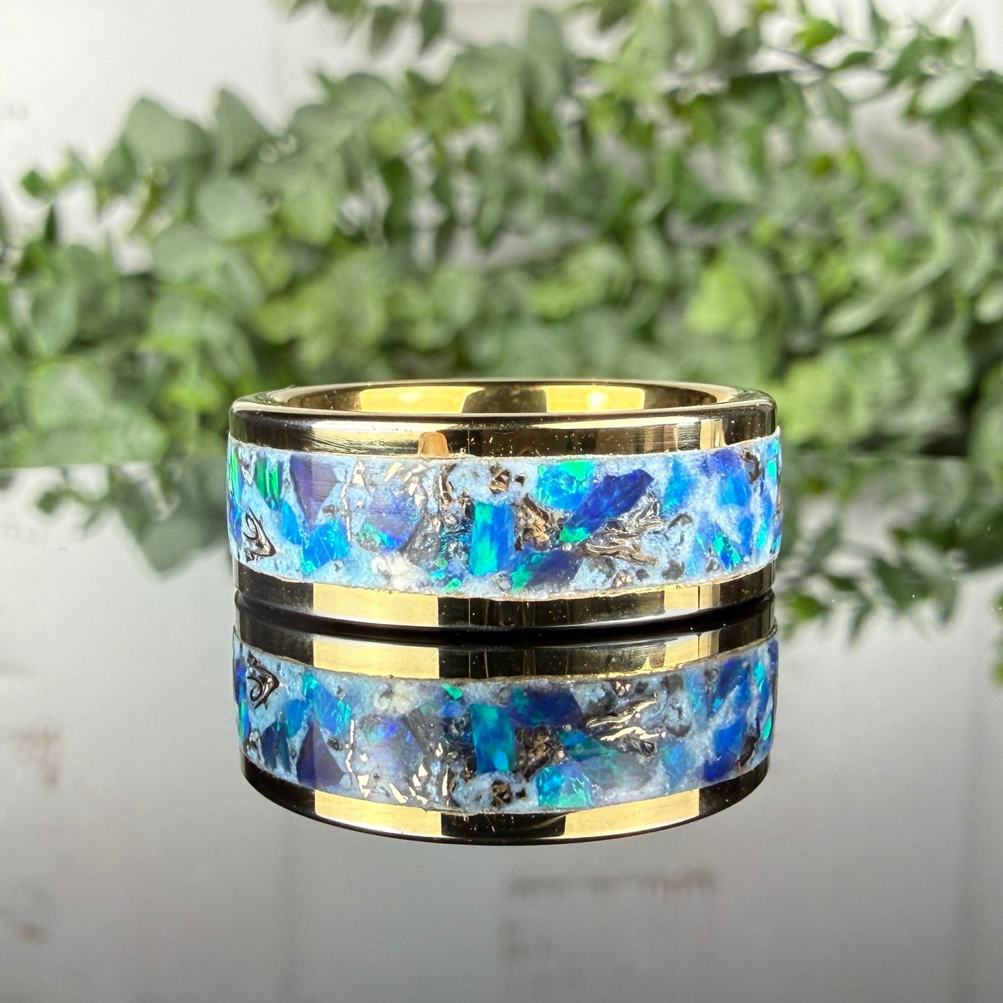 Gold Plated Tungsten Ring with White and Blue Opal Inlay