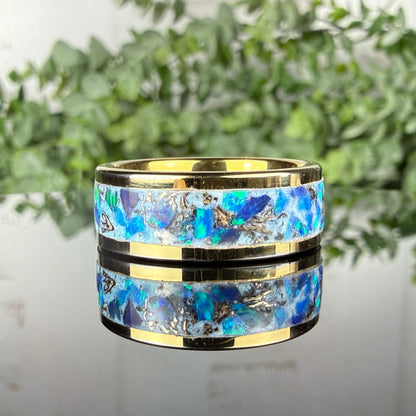 Gold Plated Tungsten Ring with White and Blue Opal Inlay