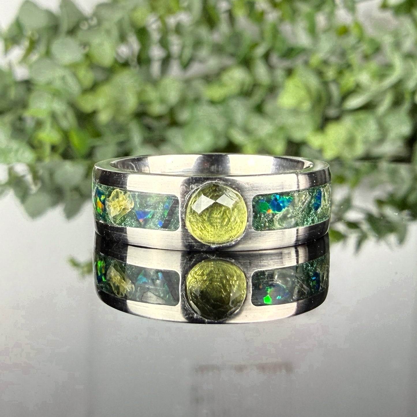 Titanium Core Ring with Peridot and Green Opal Inlay | August Birthstone Ring