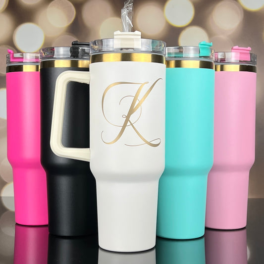 40 oz. Large Travel Quencher Mug-Custom Engraved Tumbler with Straw-Permanently Engraves Gold Color-Gift for Bride, Bridesmaids, Birthday, Mother's Day