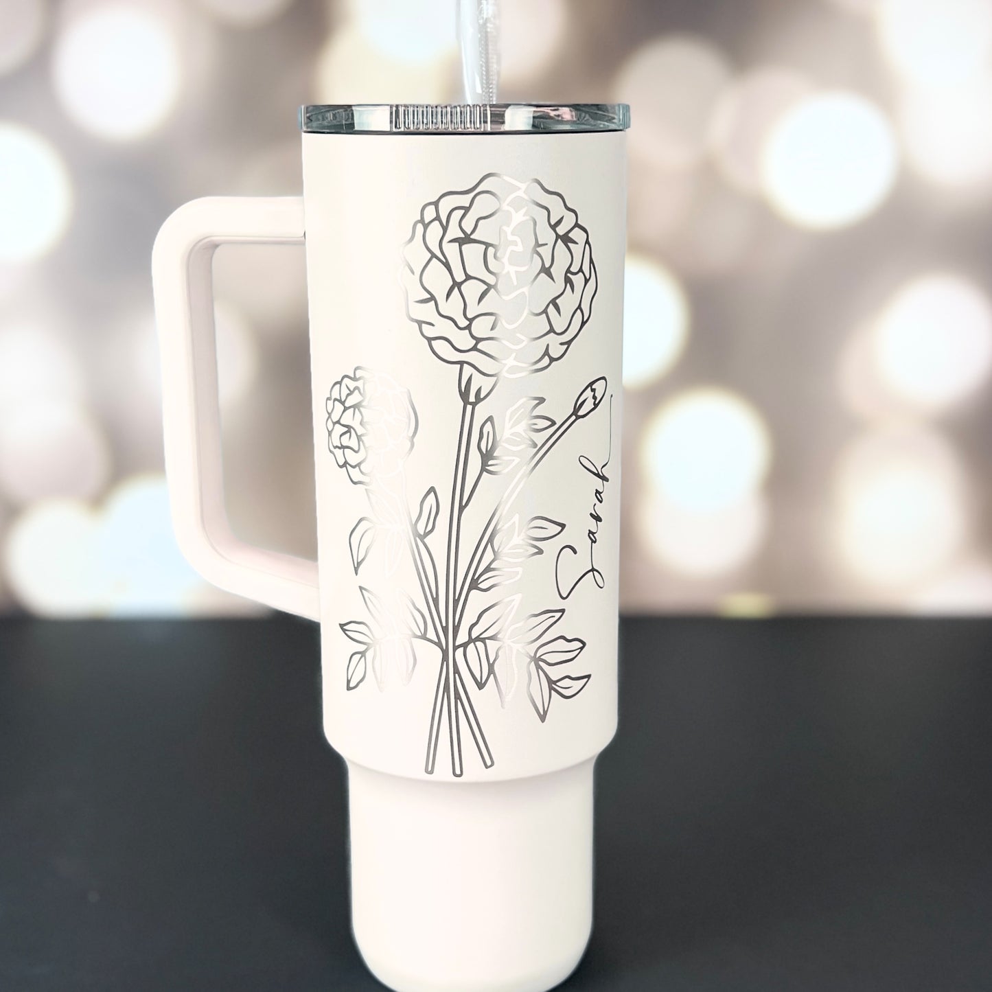 Birth Month Flower Laser Engraved Tumbler-40 oz.-Personalized Tumbler-Mother's Day-Bridesmaid-Birthday Gift