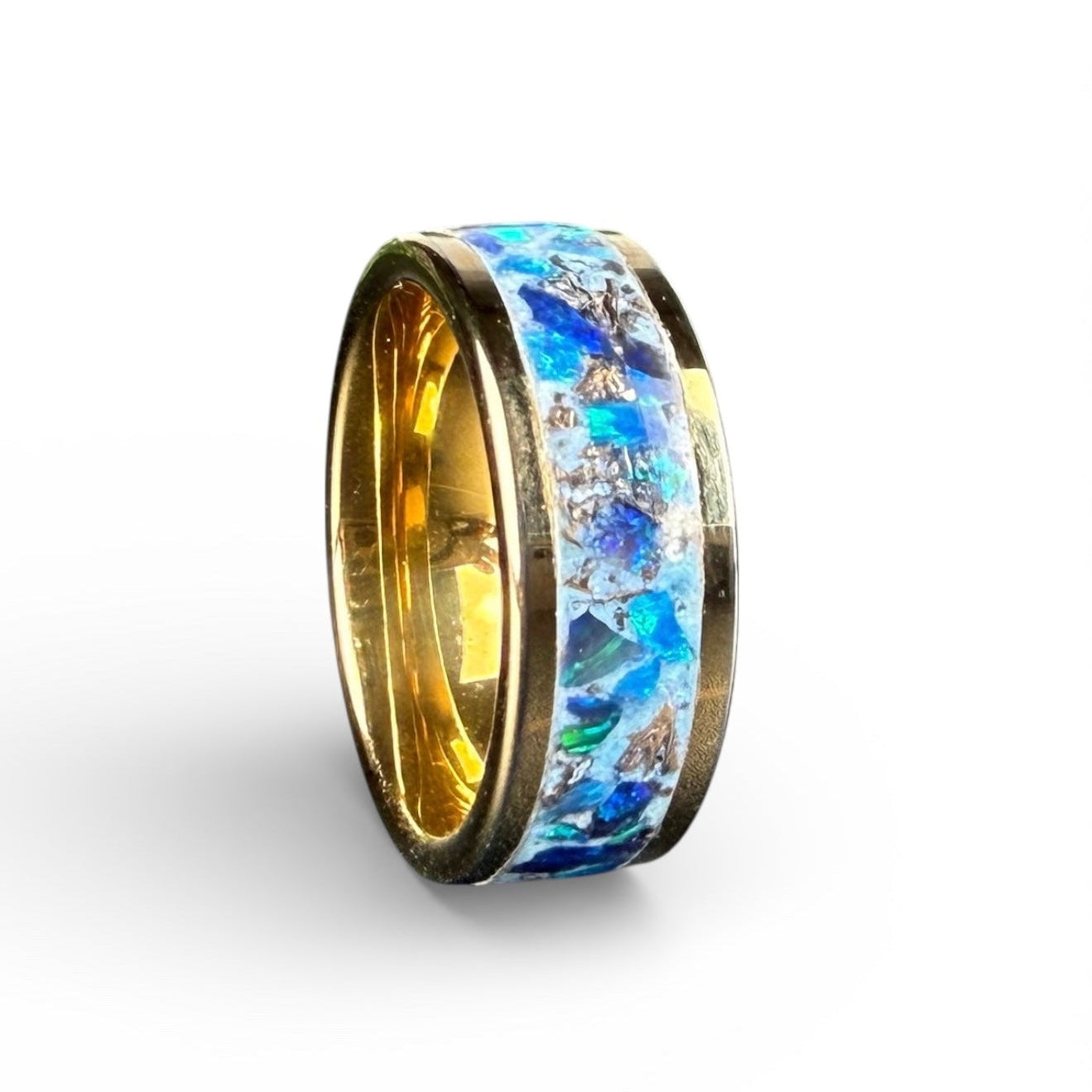Gold Plated Tungsten Ring with White and Blue Opal Inlay