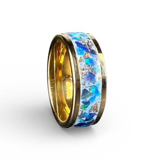 Gold Plated Tungsten Ring with White and Blue Opal Inlay