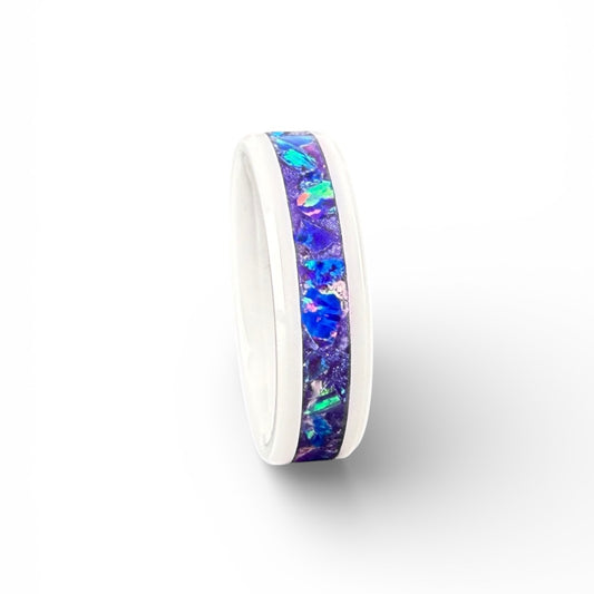 White Ceramic Ring with Purple Opal Inlay