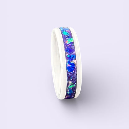 White Ceramic Ring with Purple Opal Inlay