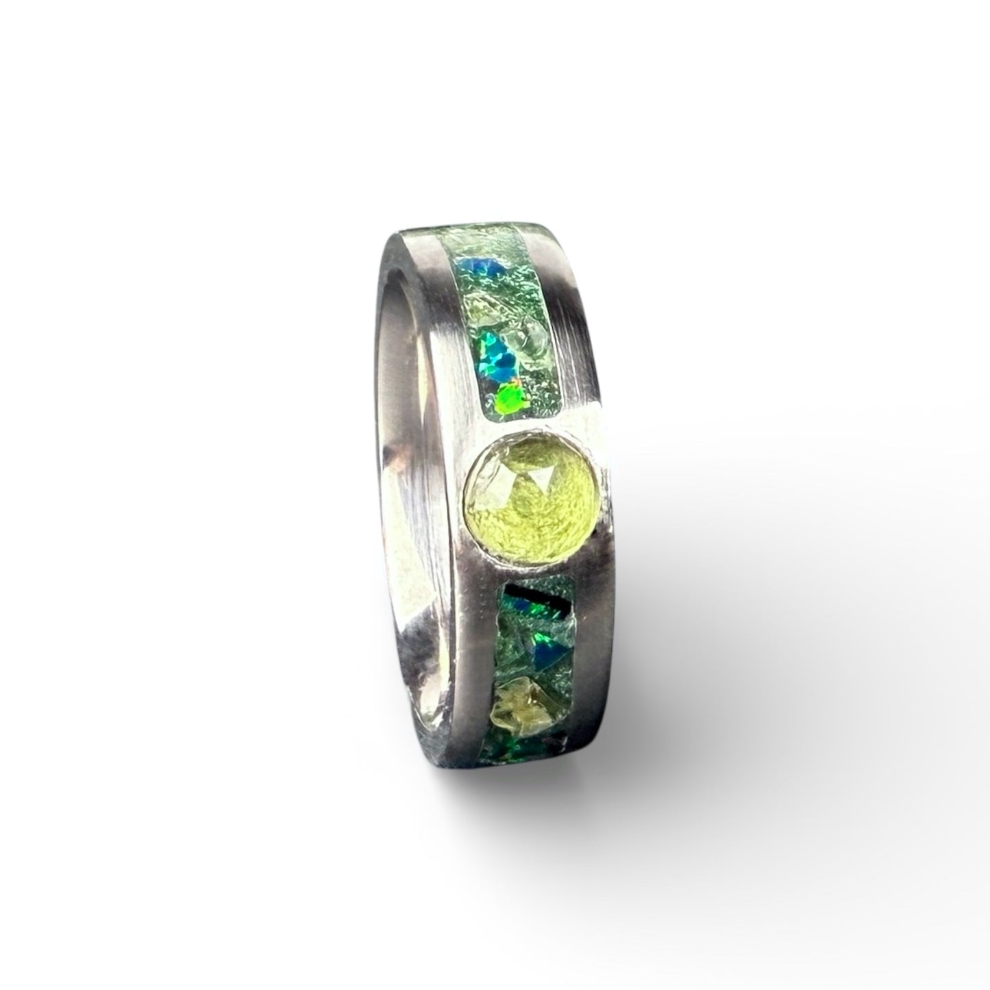 Titanium Core Ring with Peridot and Green Opal Inlay | August Birthstone Ring
