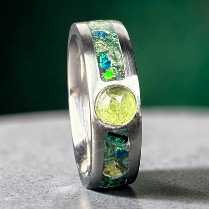 Titanium Core Ring with Peridot and Green Opal Inlay | August Birthstone Ring