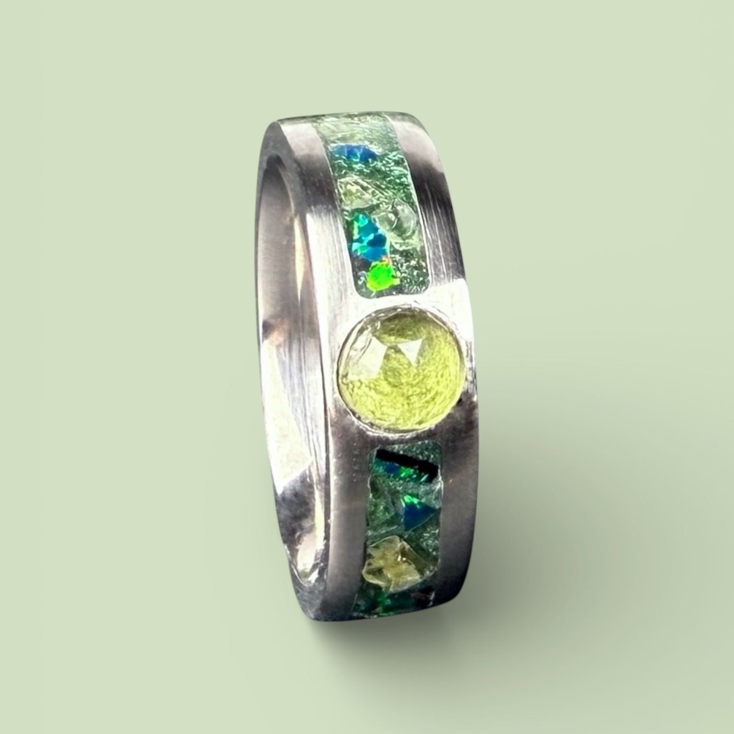Titanium Core Ring with Peridot and Green Opal Inlay | August Birthstone Ring