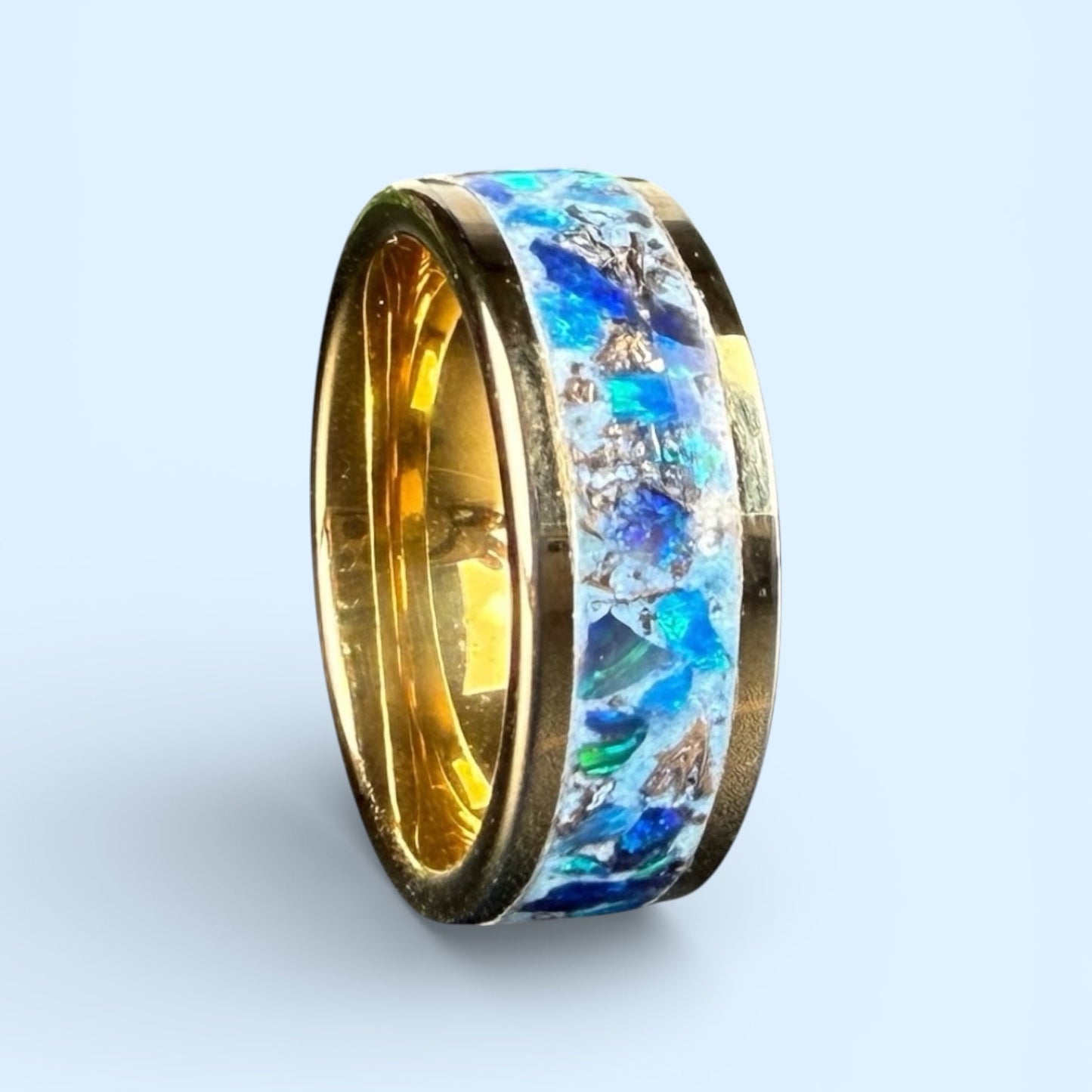 Gold Plated Tungsten Ring with White and Blue Opal Inlay