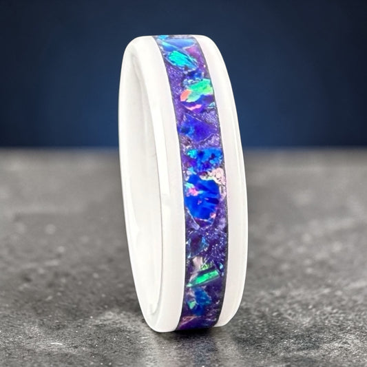 White Ceramic Ring with Purple Opal Inlay