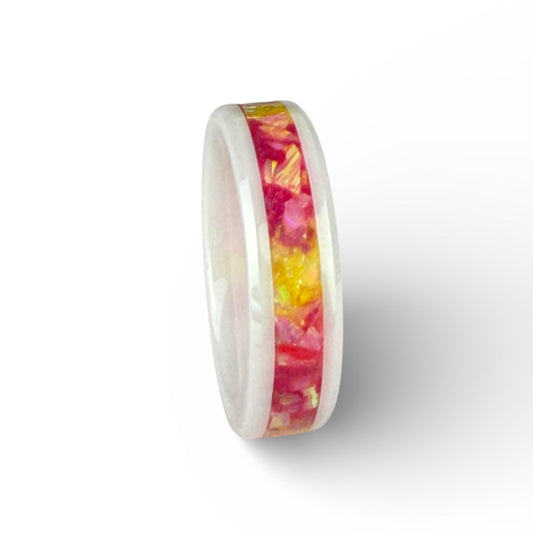 White Ceramic Ring with Pink and Yellow Opal Inlay
