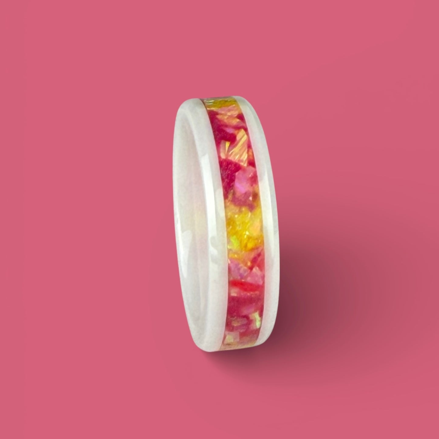 White Ceramic Ring with Pink and Yellow Opal Inlay