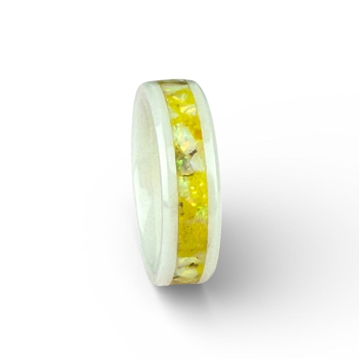 White Ceramic Ring with Yellow Opal Inlay