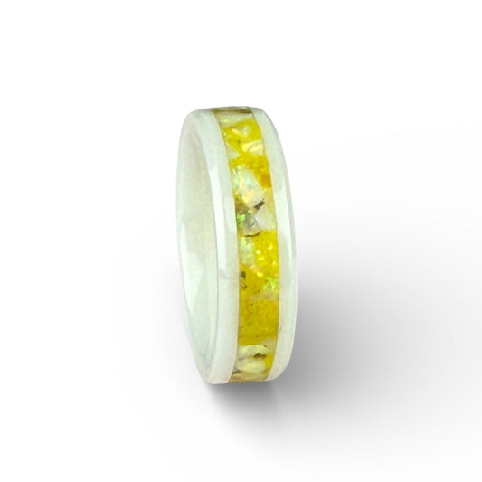 White Ceramic Ring with Yellow Opal Inlay