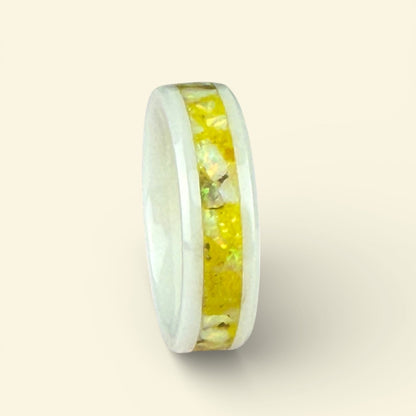 White Ceramic Ring with Yellow Opal Inlay