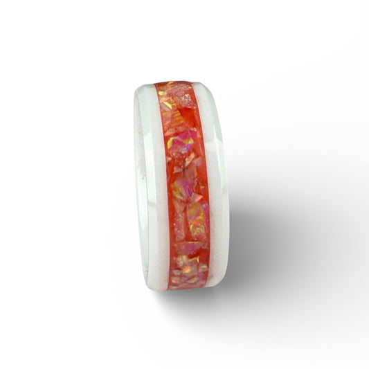 White Ceramic Ring with Coral Opal Inlay