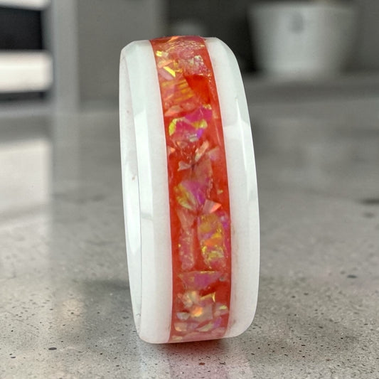 White Ceramic Ring with Coral Opal Inlay