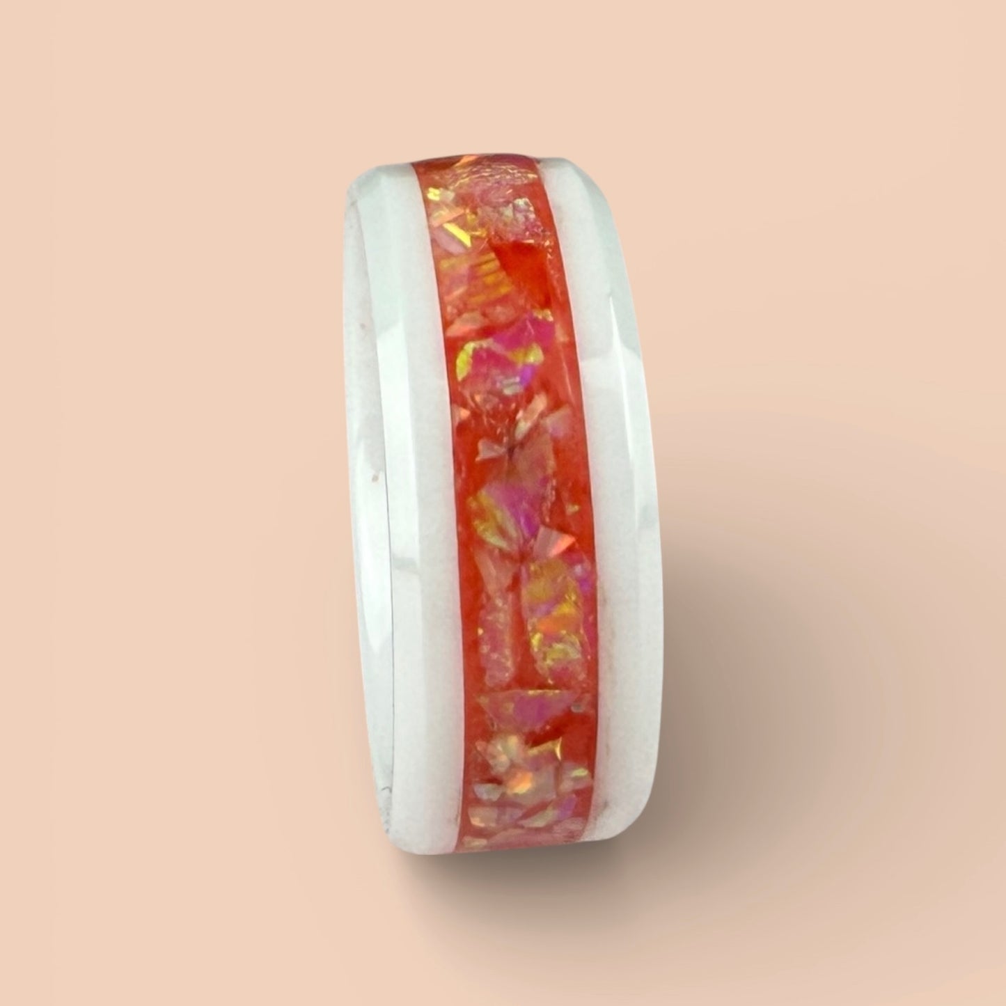White Ceramic Ring with Coral Opal Inlay