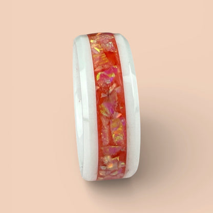 White Ceramic Ring with Coral Opal Inlay
