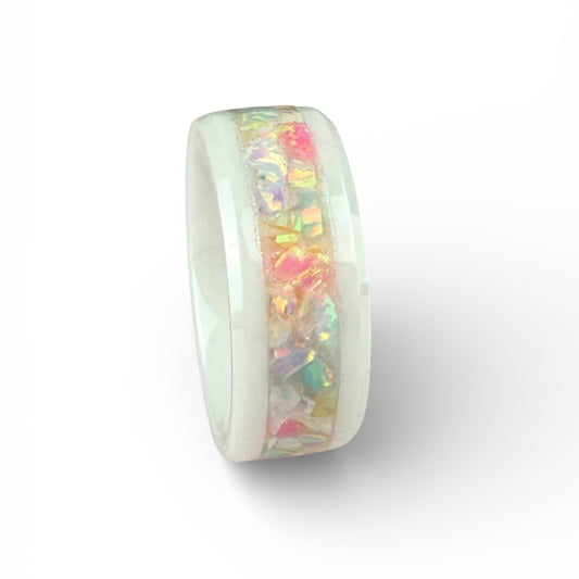 White Ceramic Ring with Soft, Multi-Color Opal Inlay