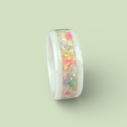 White Ceramic Ring with Soft, Multi-Color Opal Inlay