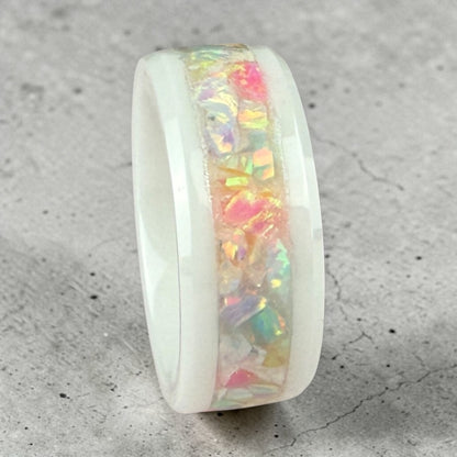 White Ceramic Ring with Soft, Multi-Color Opal Inlay
