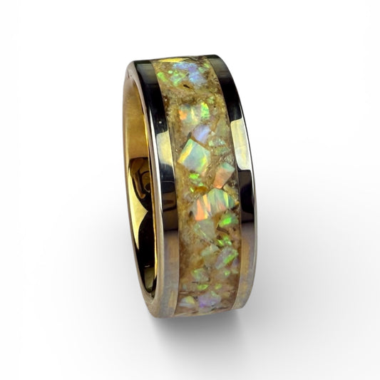 Gold Plated Tungsten Ring with Iridescent Opal Inlay