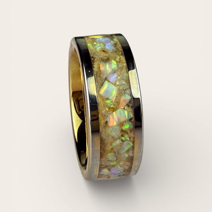 Gold Plated Tungsten Ring with Iridescent Opal Inlay