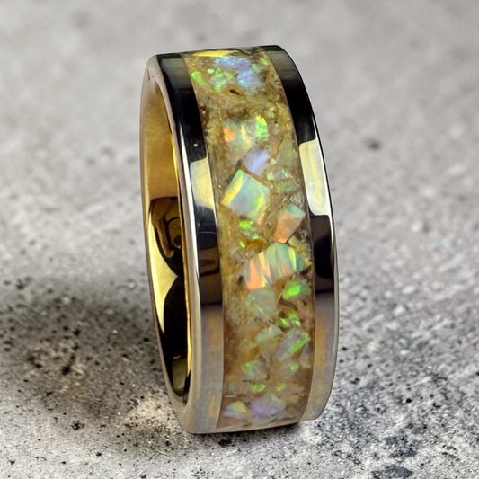 Gold Plated Tungsten Ring with Iridescent Opal Inlay