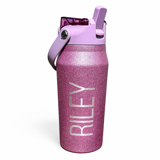Personalized Glitter Water Bottle 16 oz | Custom Name Frost Buddy Cup | Pink Insulated Tumbler | Flower Girl Gift | Girls Sports Bottle