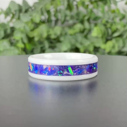 White Ceramic Ring with Purple Opal Inlay