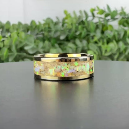 Gold Plated Tungsten Ring with Iridescent Opal Inlay
