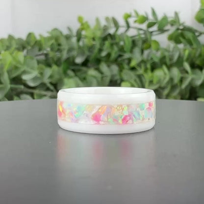 White Ceramic Ring with Soft, Multi-Color Opal Inlay