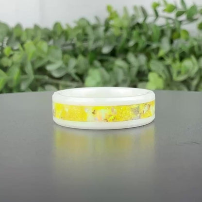 White Ceramic Ring with Yellow Opal Inlay