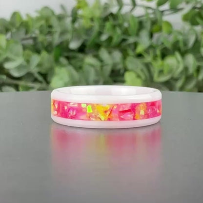 White Ceramic Ring with Pink and Yellow Opal Inlay