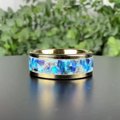 Gold Plated Tungsten Ring with White and Blue Opal Inlay