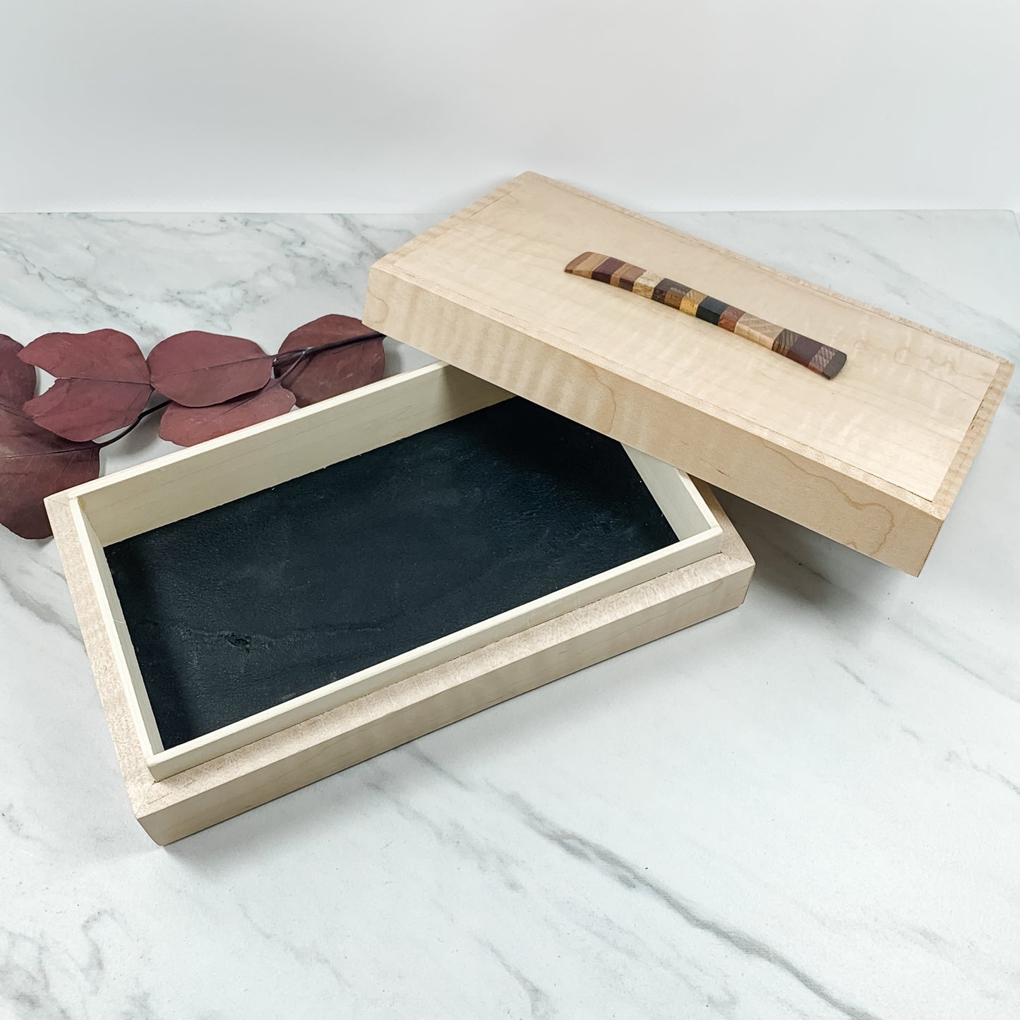 Curly Maple Box with Multi-Wood Decorative Accent Keepsake Box-7865