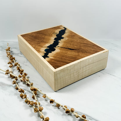 Navy Resin, Red Mallee Burl and Curly Maple Box with Insert Keepsake Box-7933