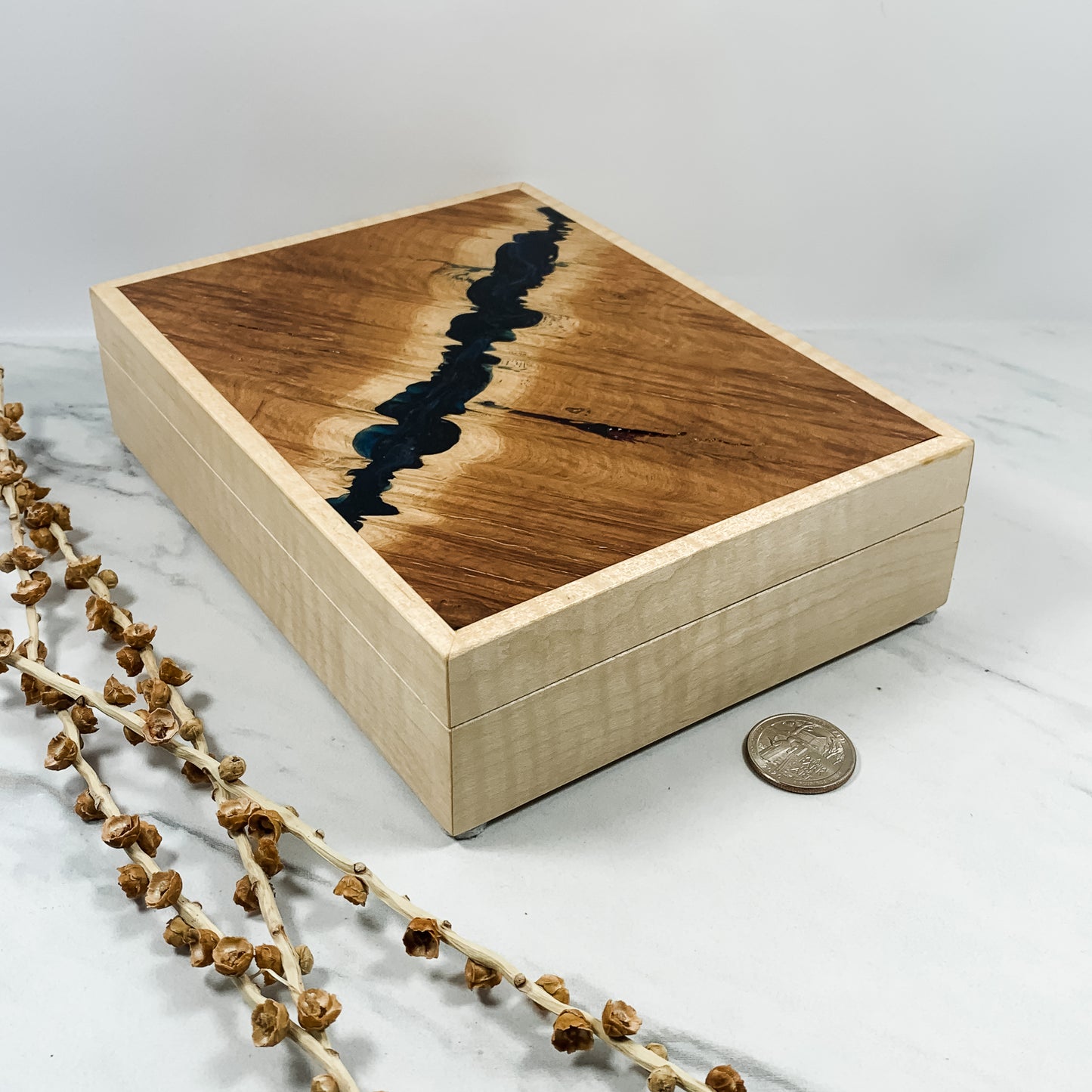 Navy Resin, Red Mallee Burl and Curly Maple Box with Insert Keepsake Box-7933