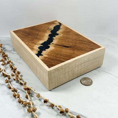 Navy Resin, Red Mallee Burl and Curly Maple Box with Insert Keepsake Box-7933