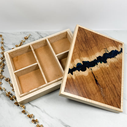 Navy Resin, Red Mallee Burl and Curly Maple Box with Insert Keepsake Box-7933