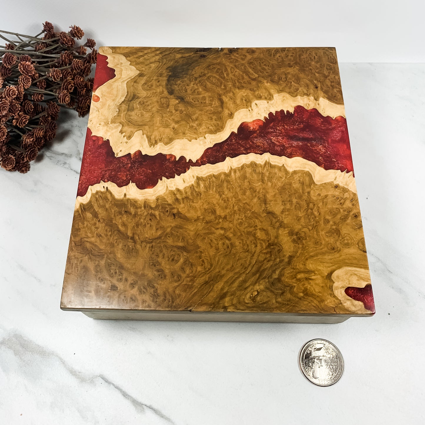 Red Resin, Brown Mallee Burl and Curly Maple Box Keepsake Box-7967